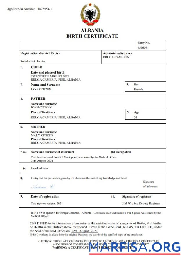 Realistic Albania birth certificate Word and PDF download for verification